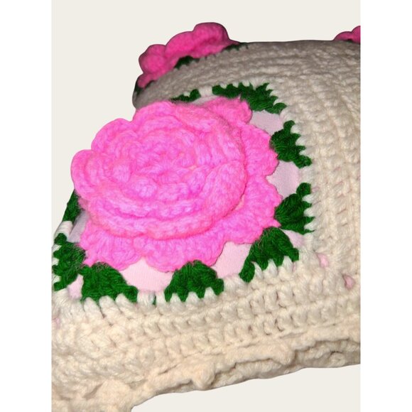 Vintage Handmade Crochet Pillow With Pink Roses 16x16 - Picture 3 of 10